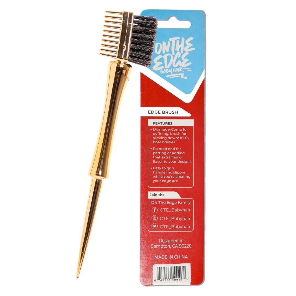 gold dual side comb edge brush in packaging from on the edge baby hair